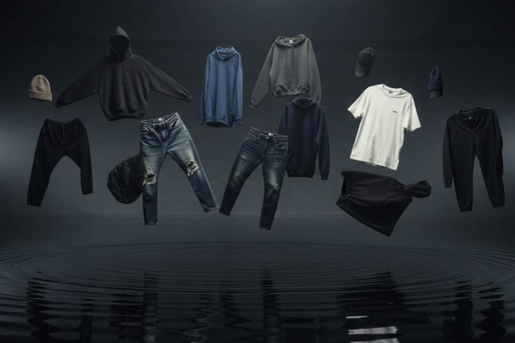  different types of clothing  including joggers hoodies jeans and others laid  out in a black water floding